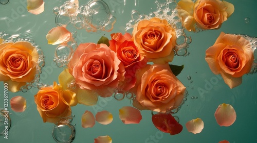 Orange Roses Floating Gently in Bubbly Water
