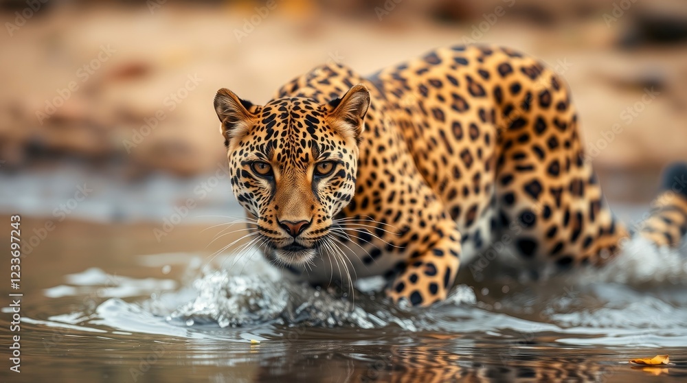 Obraz premium Majestic Leopard in Water: A Dramatic Wildlife Close-Up