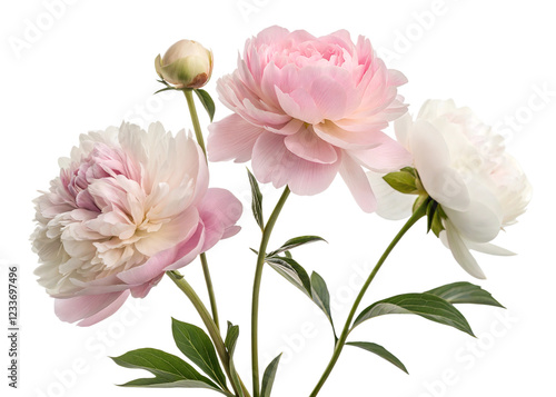 Fototapeta Naklejka Na Ścianę i Meble -  A close-up of delicate pink and white peonies with soft petals, isolated on a white background. perfect for floral designs, spring, and Mother's Day celebrations. Bright, fresh, and elegant.
