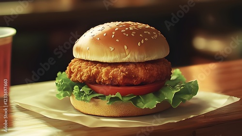 Wallpaper Mural A classic chicken sandwich featuring a golden-brown crispy chicken patty, fresh green lettuce, thick slices of ripe red tomato, and a sesame seed bun.  Torontodigital.ca