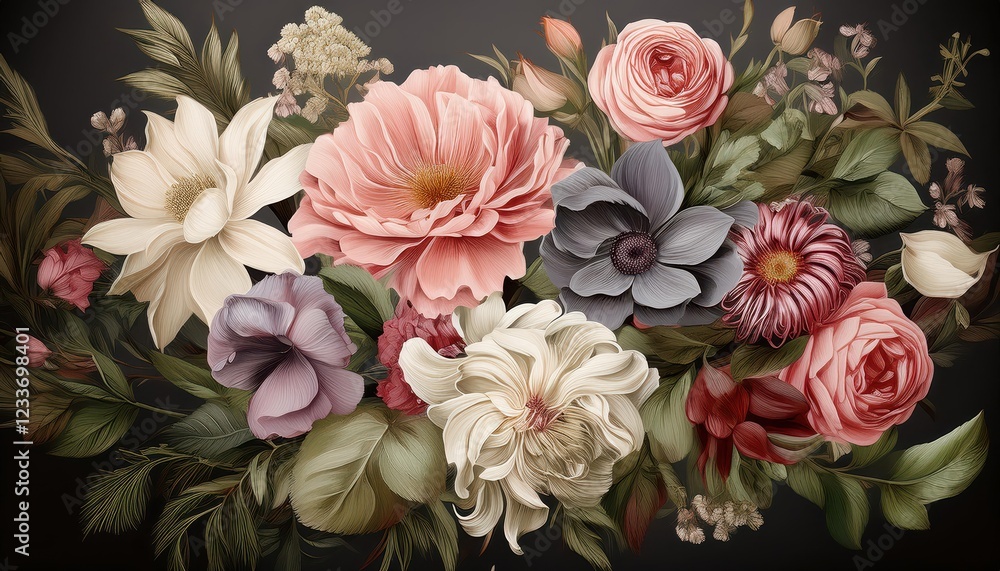 Timeless Charm Vibrant, Eclectic Bouquet against a Backdrop of Gorgeous Floral Patterns, Echoing the Beauty and Richness of Nature in a Classic Composition. Timeless Charm Vibrant, Eclectic Bouquet against a Backdrop of Gorgeous Floral Patterns, Echoing the Beauty and Richness of Nature in a Classic Composition.