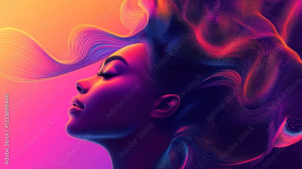 Abstract illustration of a woman with dynamic, swirling hair and vibrant fractal patterns, symbolizing imagination, evolution, and thought process in 3D digital art Abstract illustration of a woman with dynamic, swirling hair and vibrant fractal patterns, symbolizing imagination, evolution, and thought process in 3D digital art