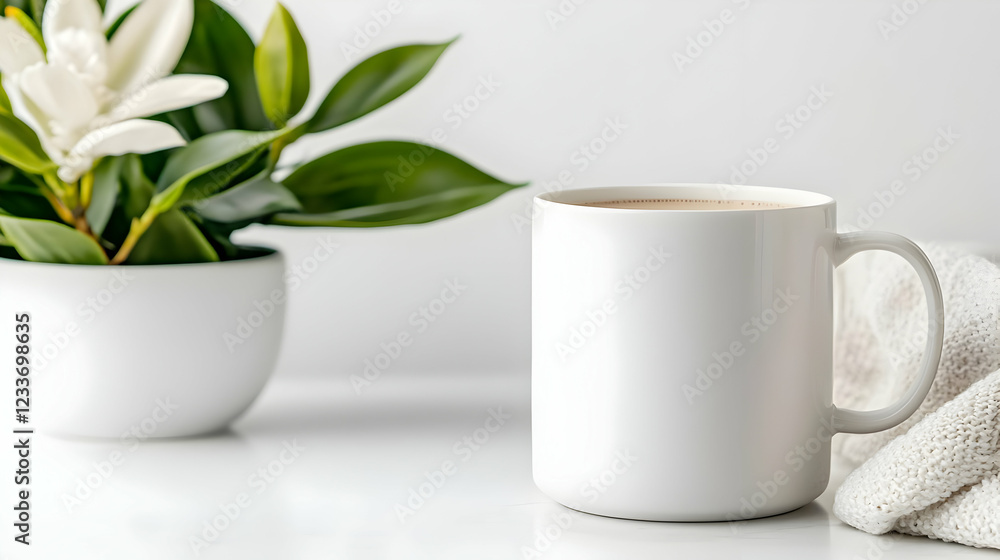 White mug of coffee, plant, knit fabric; cozy morning scene; blog, website White mug of coffee, plant, knit fabric; cozy morning scene; blog, website