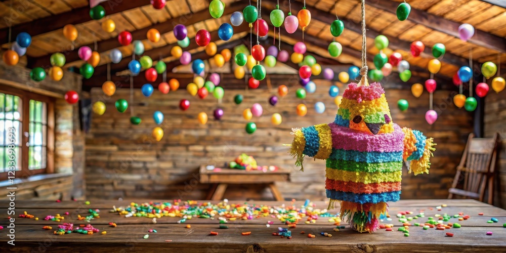Fototapeta premium Colorful Mexican pi?ata filled with candies and confetti hanging from a wooden beam on a festive table, party decor, confetti