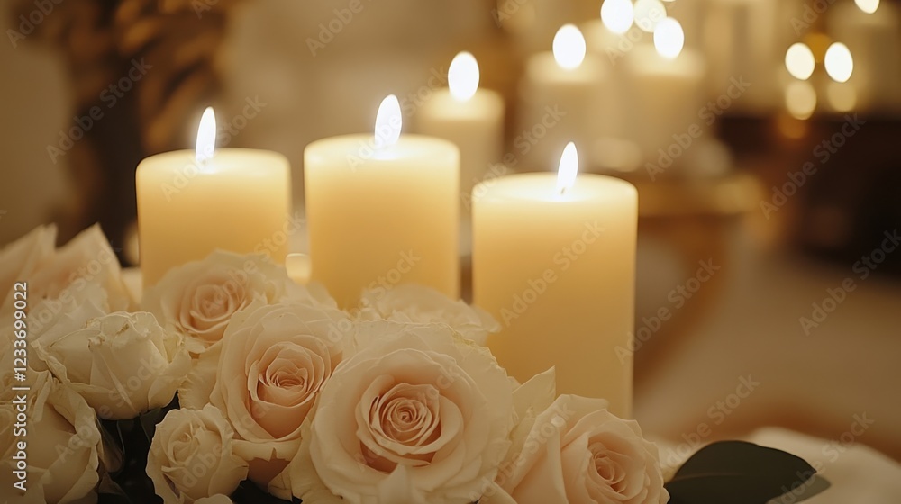 Obraz premium Soft candlelight illuminates a bouquet of delicate roses, creating a serene and romantic ambiance.