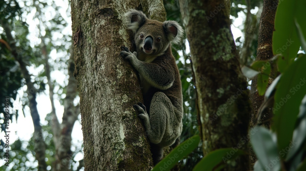 Obraz premium Koala bear climbing a eucalyptus tree in a rainforest.