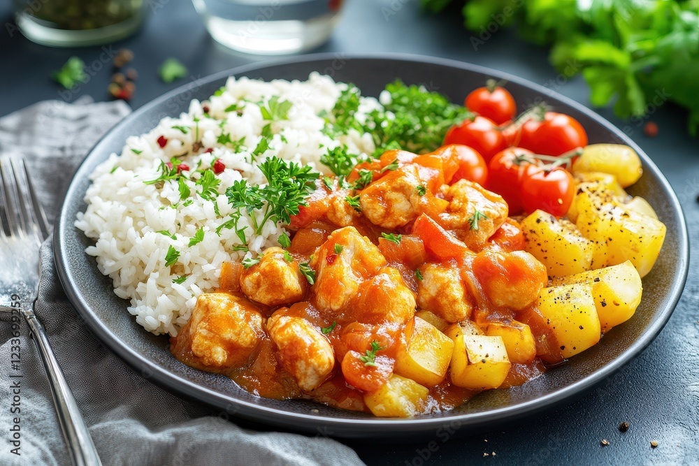 Chicken stew, rice, potatoes, tomatoes, herbs, dark plate, kitchen setting, food photography Chicken stew, rice, potatoes, tomatoes, herbs, dark plate, kitchen setting, food photography