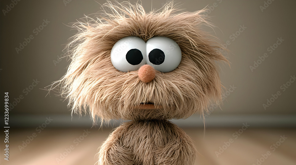 Fototapeta premium Fluffy creature, worried expression, indoor setting, blurred background, children's book illustration
