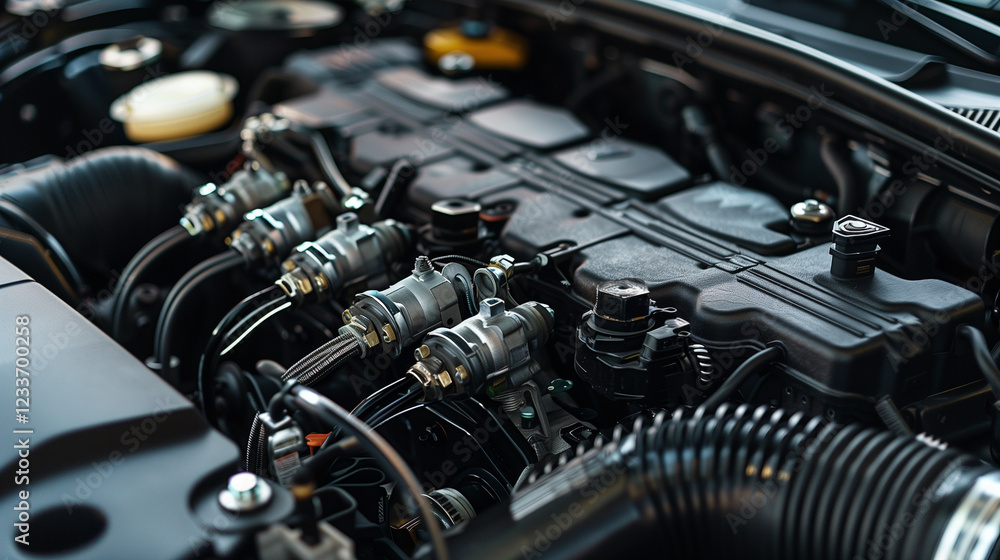 Fototapeta premium Close-Up View of Engine Components with Fuel Injectors and Connective Hoses in a Modern Automobile for Automotive Industry Needs