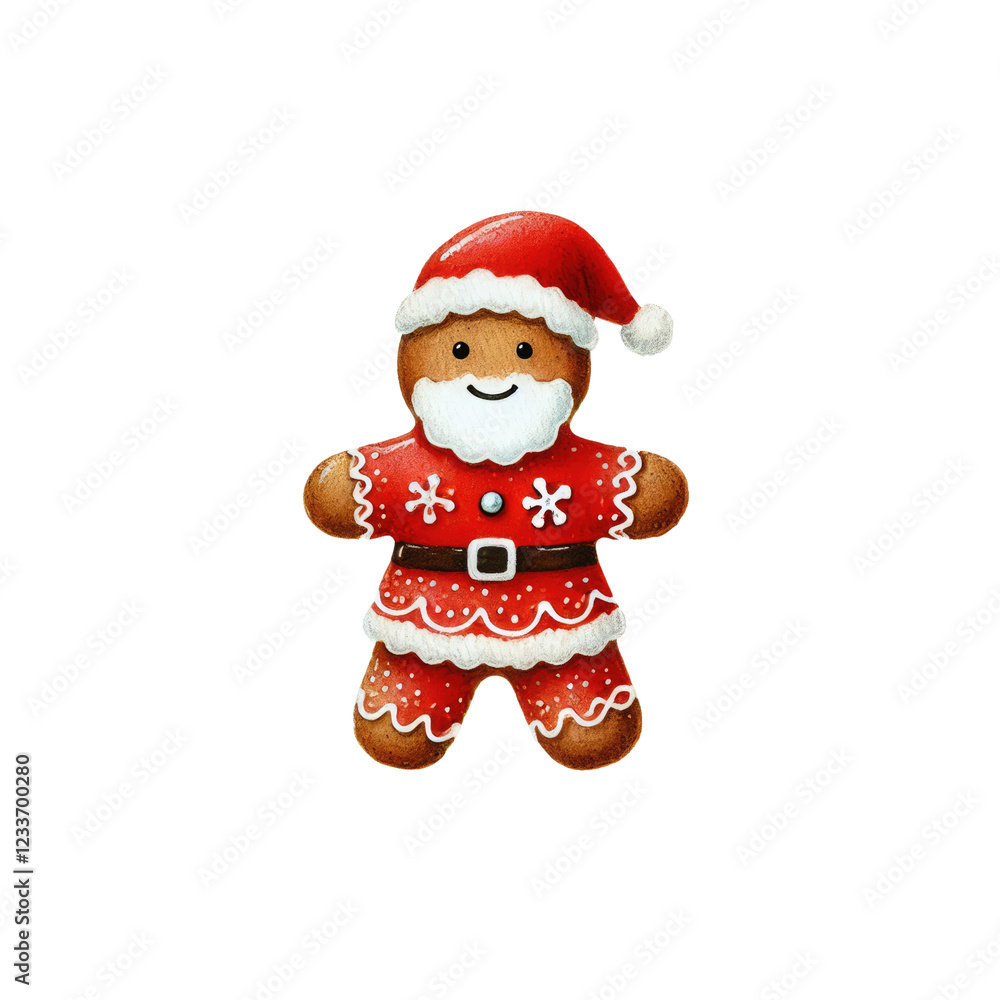 Fototapeta premium Cheerful gingerbread man dressed as Santa Claus, perfect for holiday decorations and festive celebrations.