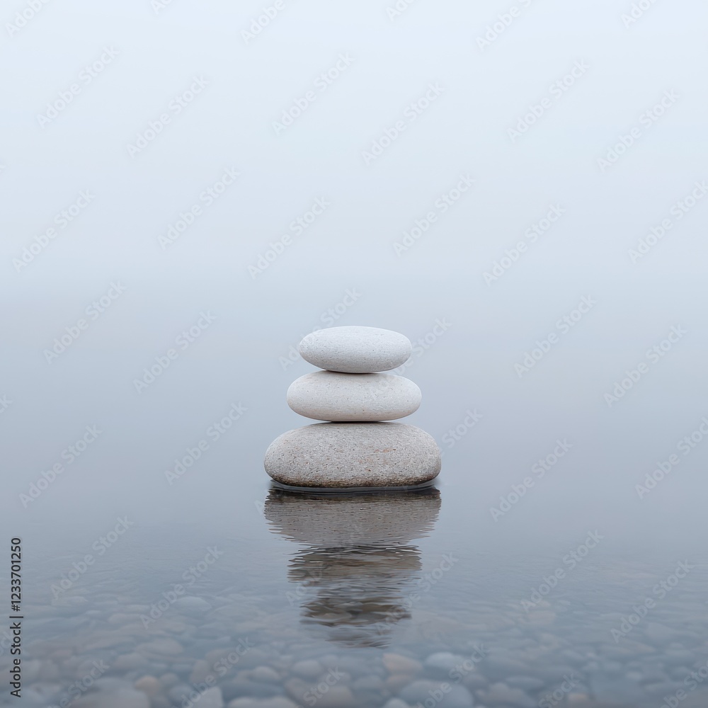 Serene twilight balance of stones on calm beach soft diffused light wide angle view Serene twilight balance of stones on calm beach soft diffused light wide angle view