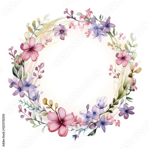 Wild flower border watercolor pattern circle wreath.