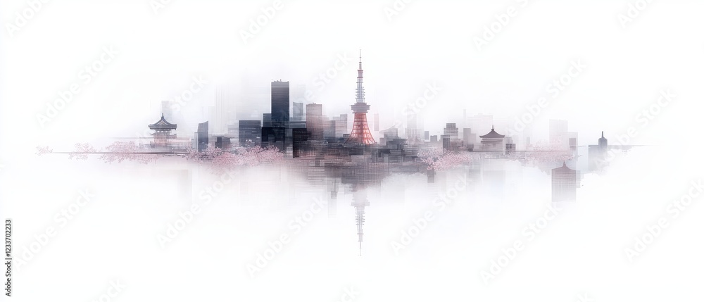 Fototapeta premium Dynamic tokyo cityscape with cryptocurrency patterns and cherry blossoms abstract art digital environment urban view