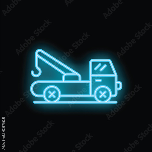 Blue neon icon of a tow truck glowing on a black background