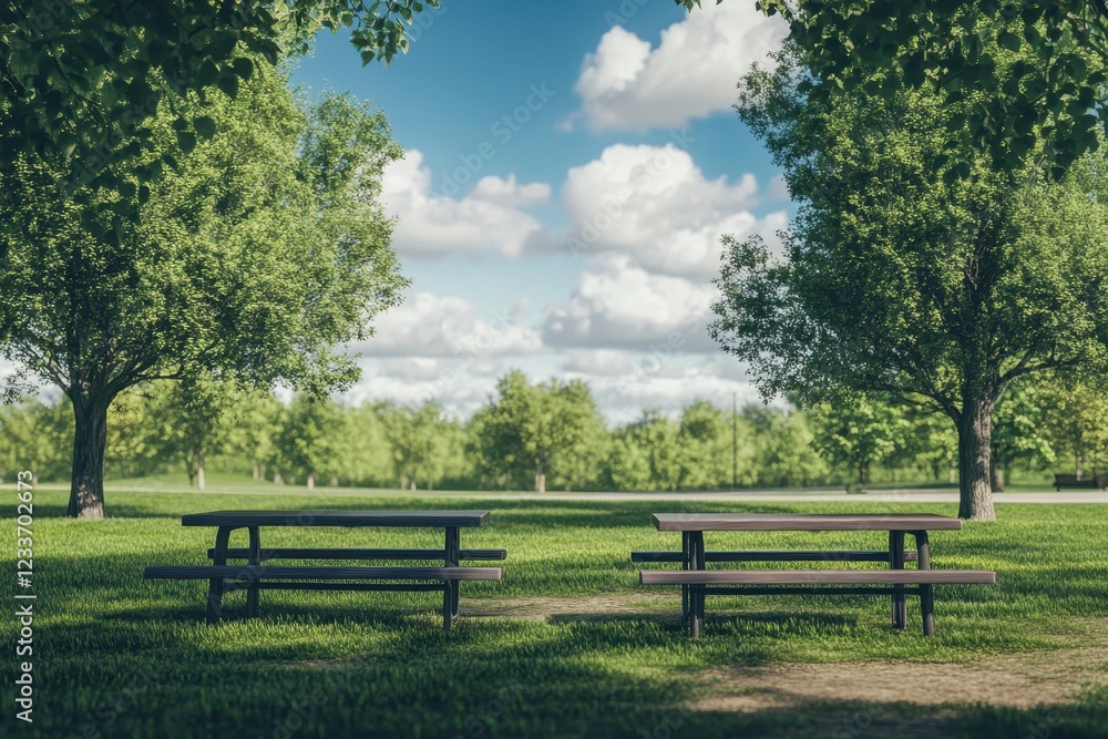 Picnic tables park sunny day landscape relaxation Picnic tables park sunny day landscape relaxation
