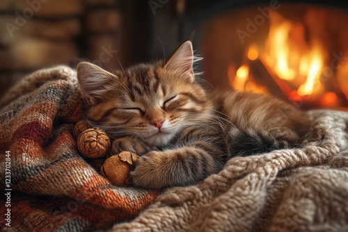 A cozy, serene scene of a sleeping kitten wrapped in a warm blanket by a crackling fire, evoking feelings of comfort and tranquility. photo