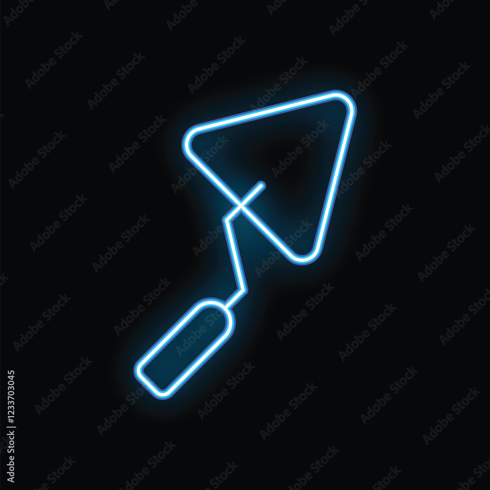 Blue neon sign shaped like a trowel, glowing on dark background Blue neon sign shaped like a trowel, glowing on dark background