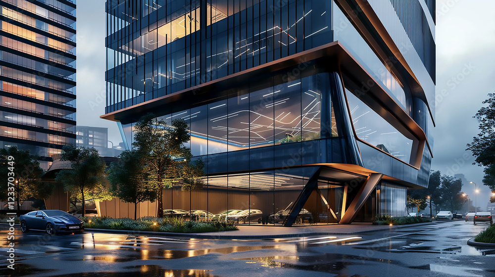 Fototapeta premium Modern office building or business center. High-rise window buildings made of glass reflect the clouds and the sunset.