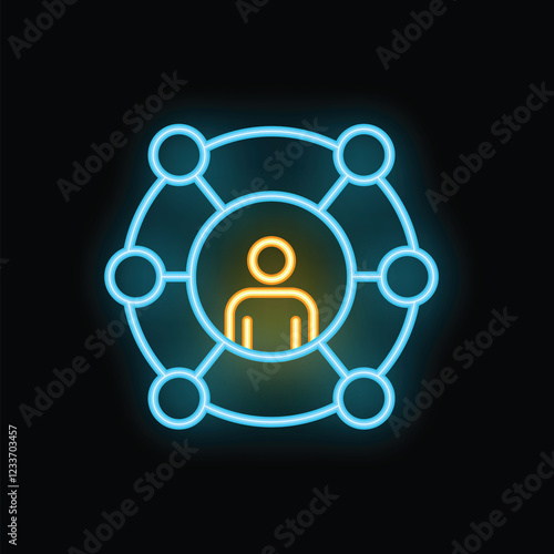 Neon icon representing a person in the center of a network, symbolizing business connections, teamwork, and collaboration