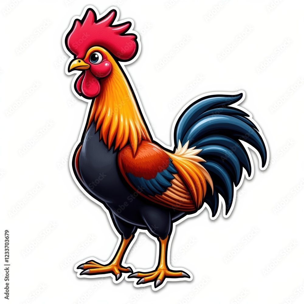 Fototapeta premium Colorful Cartoon Rooster Standing Proudly with a Magnificent Feather Display
