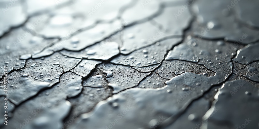 Obraz premium A mesmerizing close-up reveals cracked layers of charcoal-gray and black soil, intricately adorned with shimmering water droplets. The web of deep crevices stretches endlessly, inviting exploration in