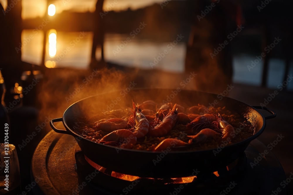 Sunset Cooking Scene with Fresh Shrimp on Pan Over Fire Near Water, Evoking Warmth and Culinary Delight in Nature's Embrace with a Beautiful Golden Hour Background Sunset Cooking Scene with Fresh Shrimp on Pan Over Fire Near Water, Evoking Warmth and Culinary Delight in Nature's Embrace with a Beautiful Golden Hour Background