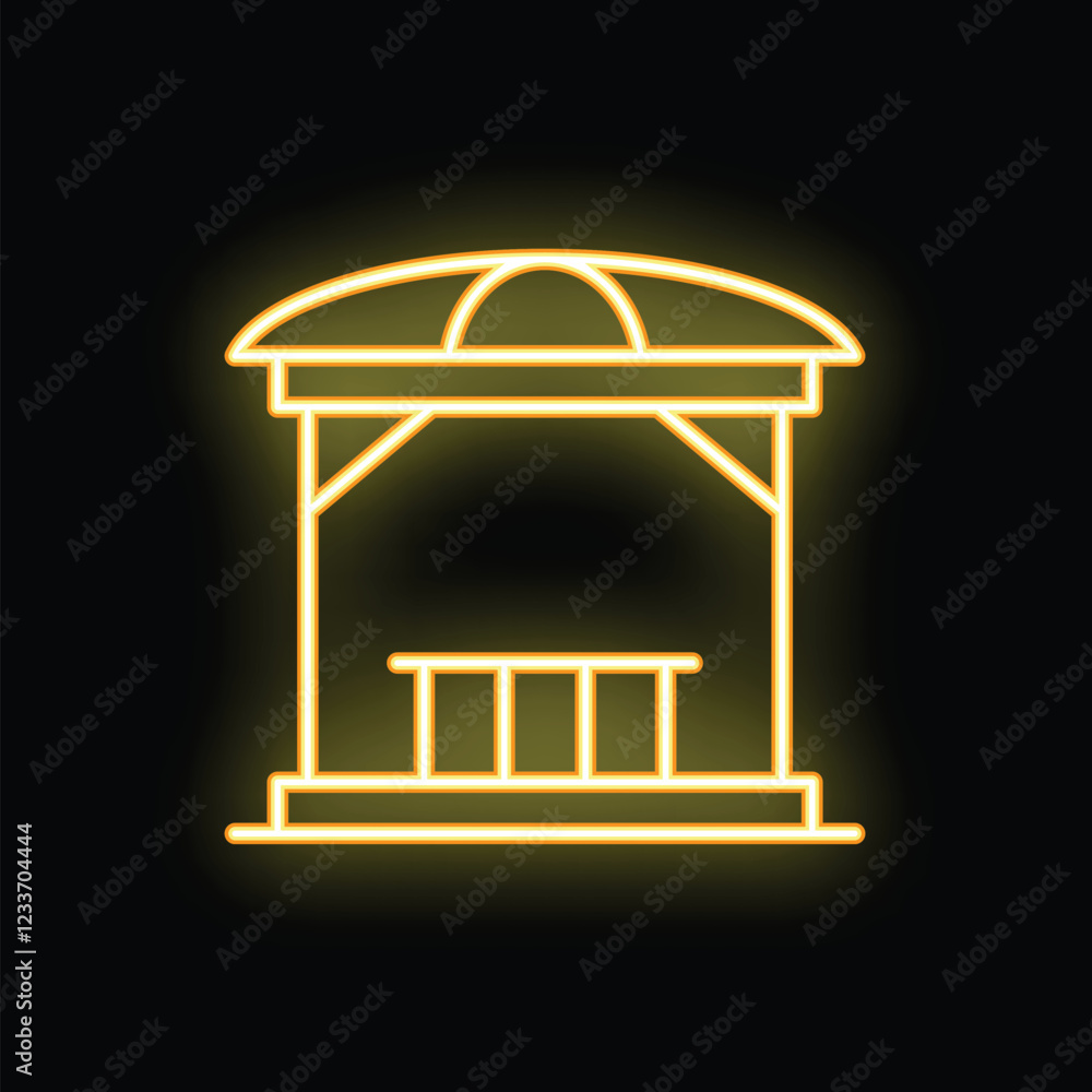 Yellow neon sign of wooden gazebo with roof and bench on black background Yellow neon sign of wooden gazebo with roof and bench on black background