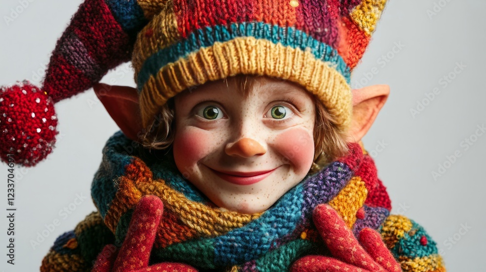 A realistic elf with a joyful expression, dressed in bright, patchwork-style clothing with whimsical details, isolated on white A realistic elf with a joyful expression, dressed in bright, patchwork-style clothing with whimsical details, isolated on white