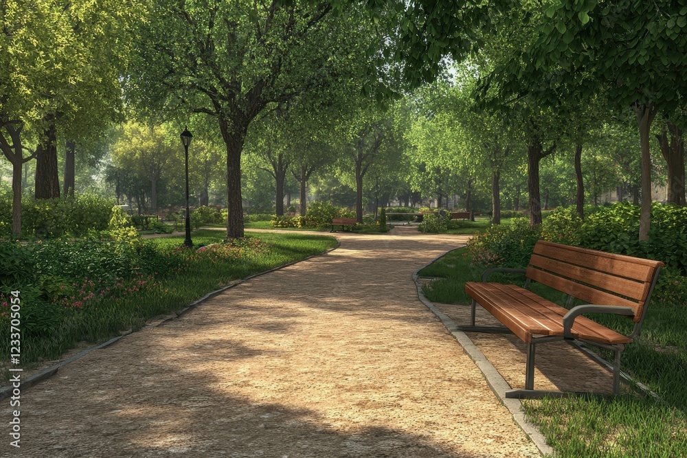 Sunny park path, bench, trees, spring, tranquil, design, landscape, nature, serenity Sunny park path, bench, trees, spring, tranquil, design, landscape, nature, serenity