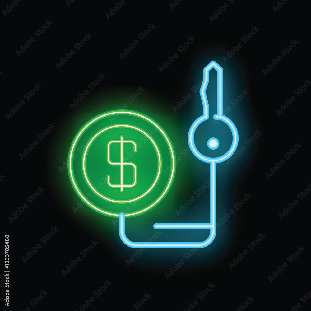 Neon icon of key unlocking dollar coin symbolizing financial success or access to wealth Neon icon of key unlocking dollar coin symbolizing financial success or access to wealth