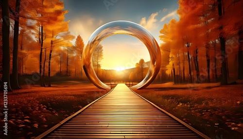 A surreal landscape features a spherical portal, autumn trees, and a smooth, wooden pathway receding into the distance photo