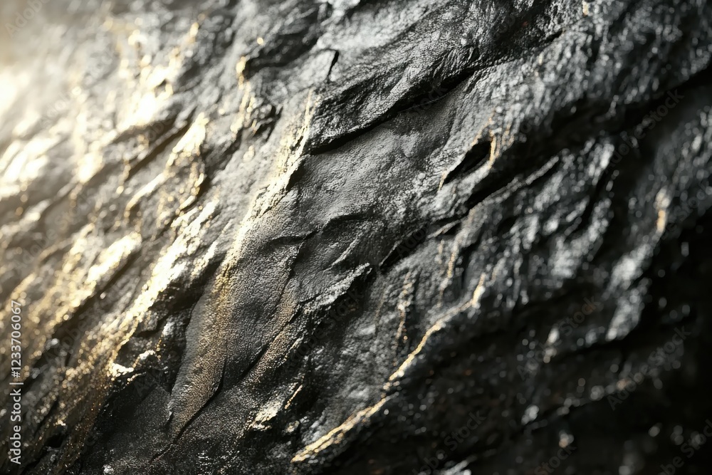 Textured Surface of Dark Rock with Shimmering Highlights Captured in Close-Up, Showcasing Natural Beauty and Intricate Details with Glossy Finish Textured Surface of Dark Rock with Shimmering Highlights Captured in Close-Up, Showcasing Natural Beauty and Intricate Details with Glossy Finish