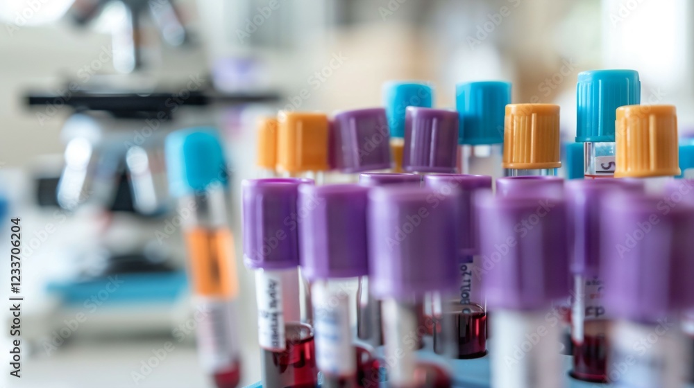 Medical lab technician analyzing blood sample under microscope, conducting research on blood disorders, with test tubes and equipment in lab setting. Medical lab technician analyzing blood sample under microscope, conducting research on blood disorders, with test tubes and equipment in lab setting.