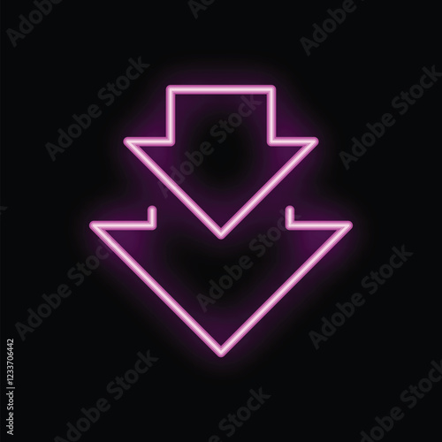 Neon sign showing three arrows pointing down on black background