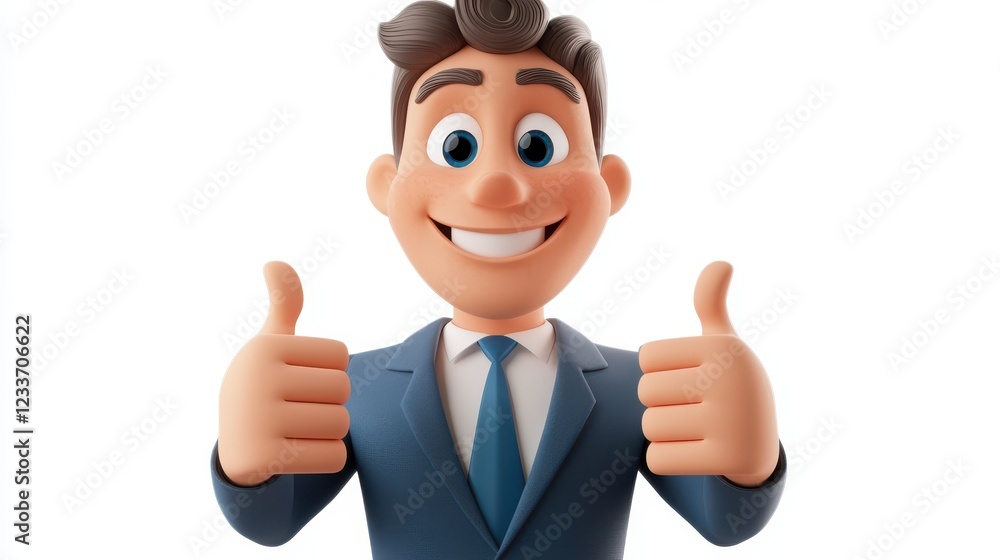 A 3D style cartoon character of a happy adult man, dressed as a successful businessman, is giving a thumbs up gesture with a broad smile. A 3D style cartoon character of a happy adult man, dressed as a successful businessman, is giving a thumbs up gesture with a broad smile.