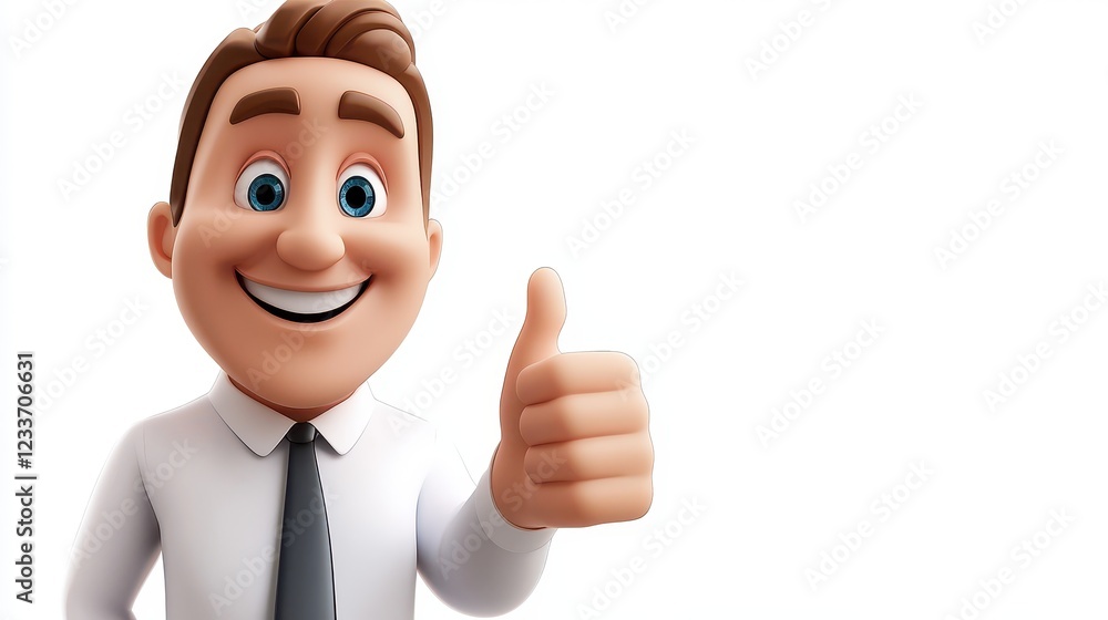 A 3D style cartoon character of a happy adult man, dressed as a successful businessman, is giving a thumbs up gesture with a broad smile. A 3D style cartoon character of a happy adult man, dressed as a successful businessman, is giving a thumbs up gesture with a broad smile.