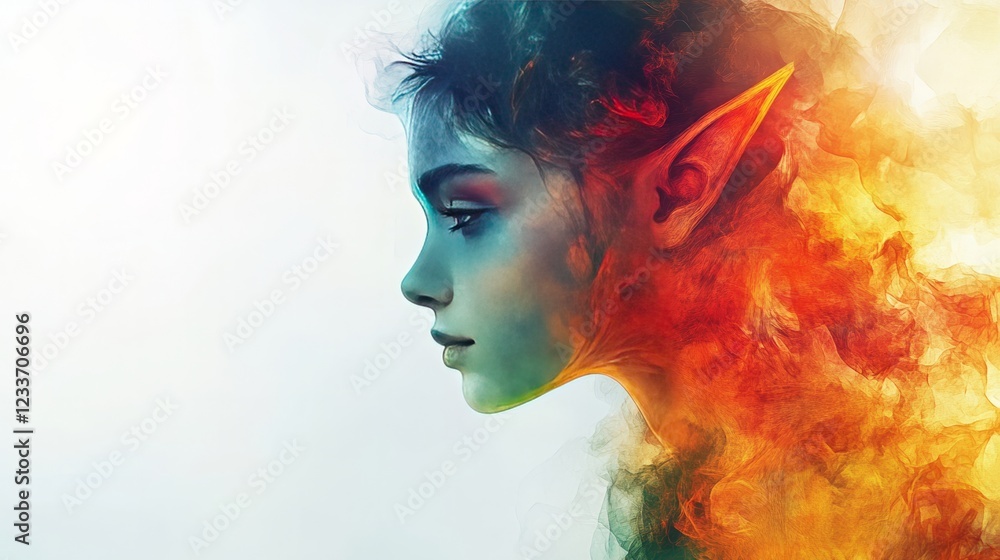 An abstract, dreamy elf with vibrant hues blending into soft, watercolor-like patterns, set against a white background An abstract, dreamy elf with vibrant hues blending into soft, watercolor-like patterns, set against a white background