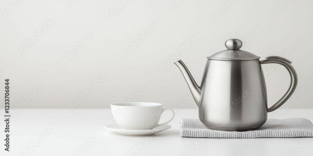 A sleek, metallic teapot sits beside a white cup on a minimalist table, evoking a serene tea time atmosphere. A sleek, metallic teapot sits beside a white cup on a minimalist table, evoking a serene tea time atmosphere.
