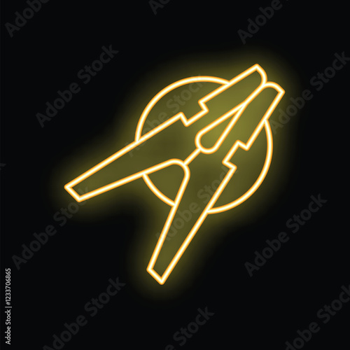 Yellow glowing neon icon of a clothes peg holding a circle, on a black background