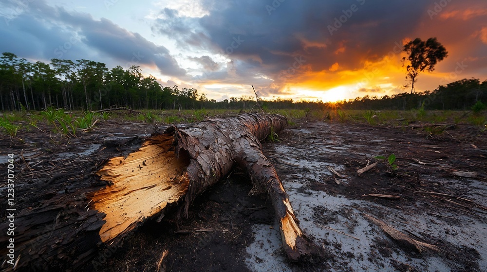 Stark Dry Environment with Scattered Tree Stumps at Sunset Stark Dry Environment with Scattered Tree Stumps at Sunset