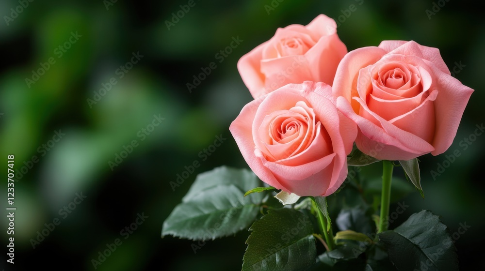 Beautiful Pink Roses with Lush Green Leaves in a Soft Focus Background for Floral Aesthetics and Designs Beautiful Pink Roses with Lush Green Leaves in a Soft Focus Background for Floral Aesthetics and Designs