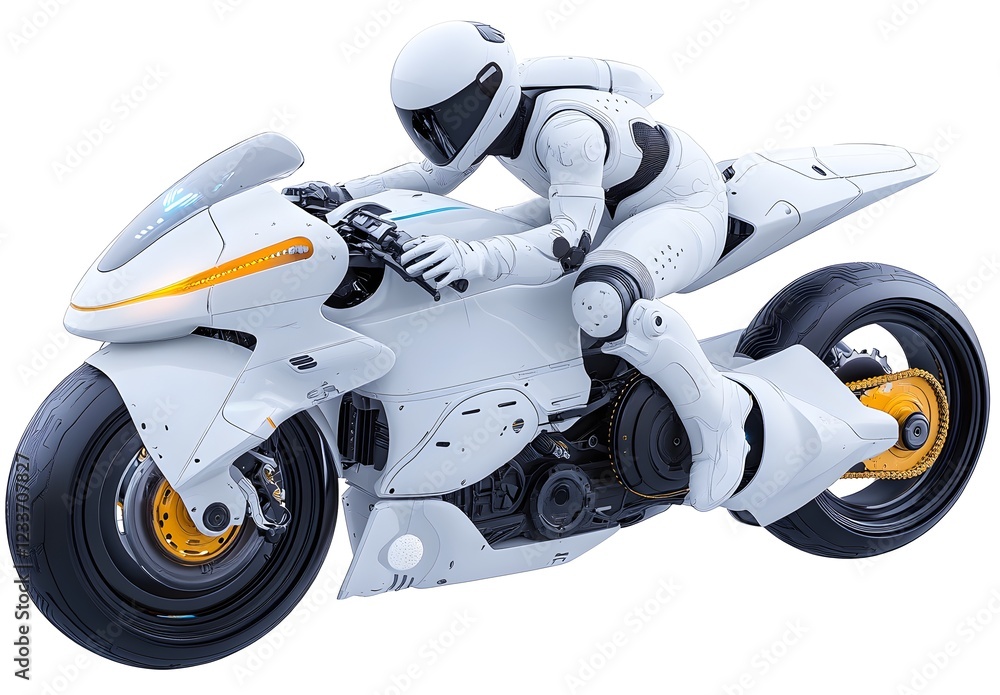 3D render of a white, futuristic, minimalistic motorcycle with a rider, isolated on a white background, in an isometric view. 3D render of a white, futuristic, minimalistic motorcycle with a rider, isolated on a white background, in an isometric view.