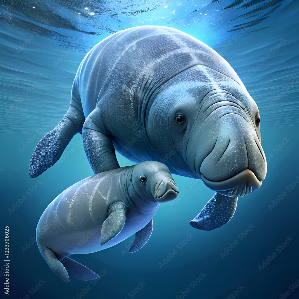 Naklejka premium Mother and baby manatee underwater.