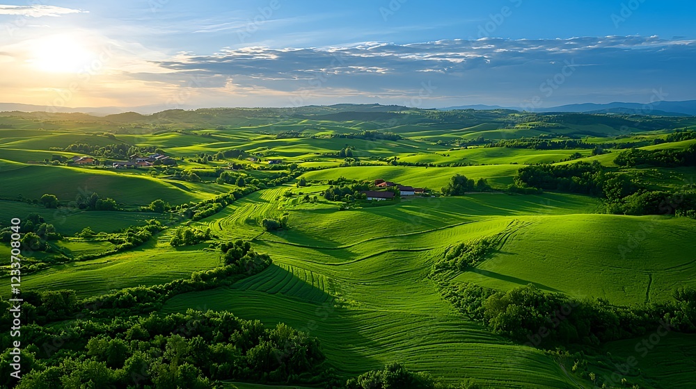 Obraz premium Aerial View of Lush Green Rolling Hills at Sunset