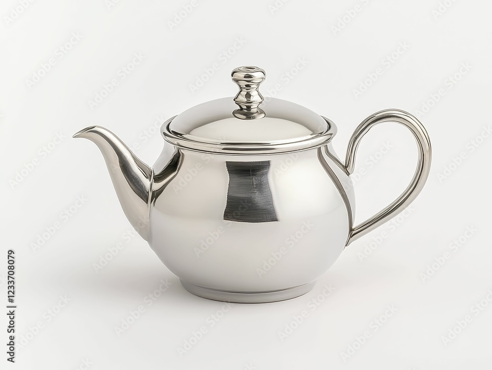 A shiny silver teapot with a decorative lid and an elegant handle, perfect for serving tea in style. A shiny silver teapot with a decorative lid and an elegant handle, perfect for serving tea in style.