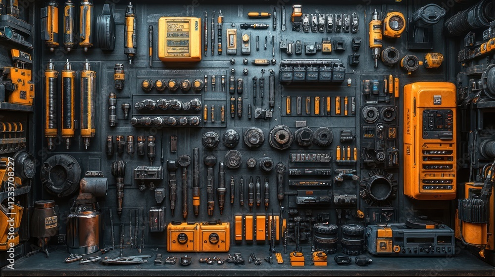 Fototapeta premium Futuristic Workshop: A Wall of Advanced Tools and Gadgets