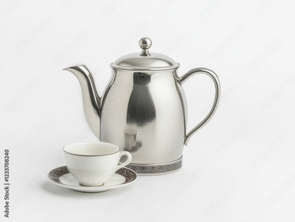 A polished silver teapot beside a delicate teacup and saucer, showcasing classic elegance and timeless design in a minimalist setting. A polished silver teapot beside a delicate teacup and saucer, showcasing classic elegance and timeless design in a minimalist setting.