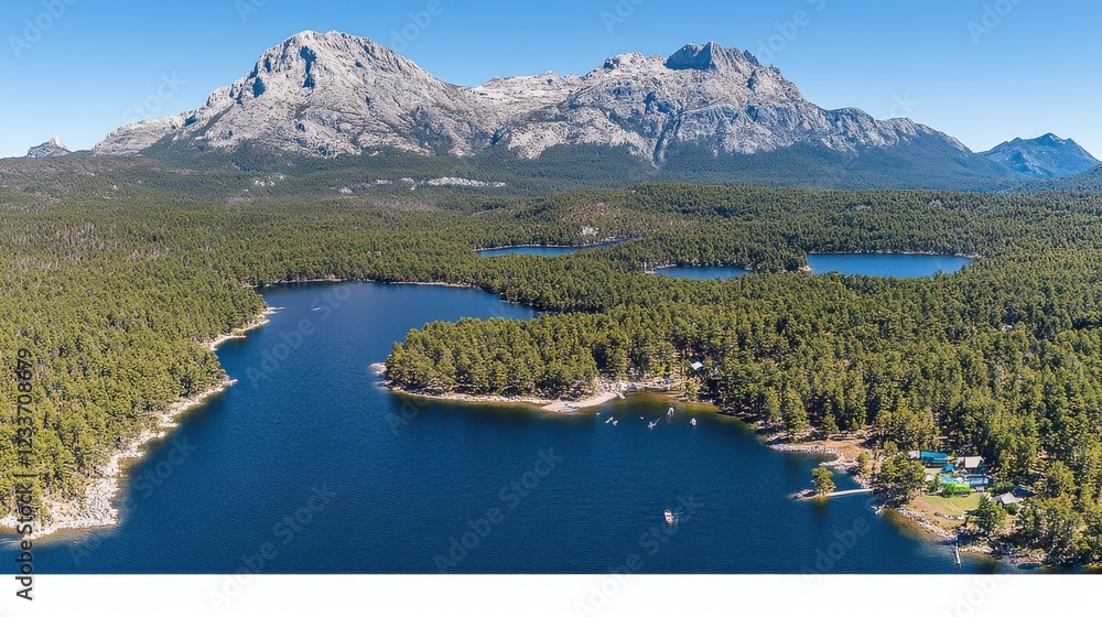 Naklejka premium Serene mountain lake nestled amidst a lush forest, offering breathtaking views of majestic peaks under a clear sky.