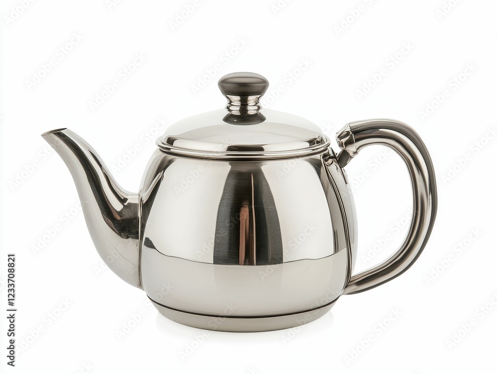 A sleek, metallic teapot with a curved spout and handle, ideal for serving tea with elegance. A sleek, metallic teapot with a curved spout and handle, ideal for serving tea with elegance.