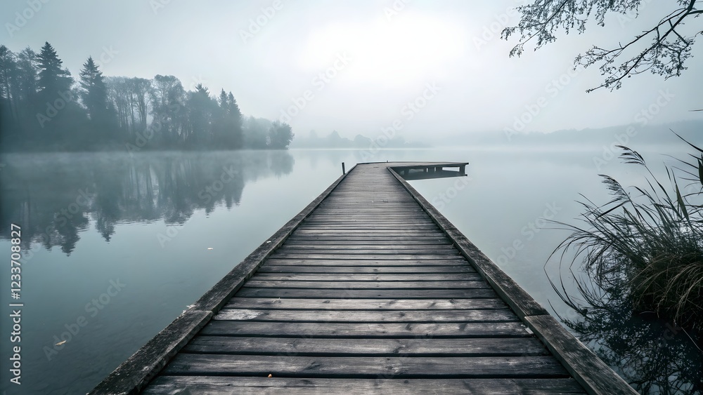 Fototapeta premium Serene Foggy Lake Wooden Dock Pathway Nature